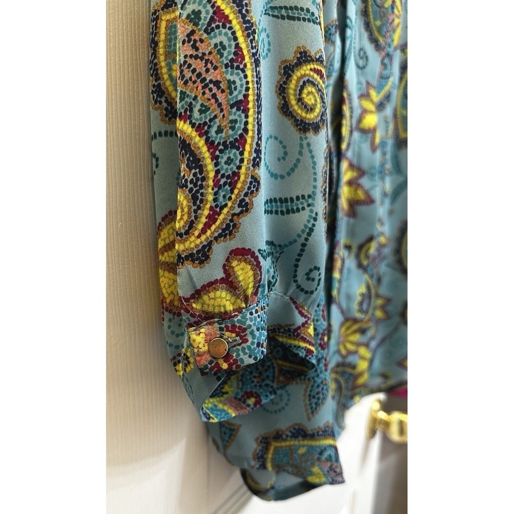 Liz Claiborne Womens Teal Paisley Pleated Front Long Sleeve Blouse Size L - Picture 4 of 5
